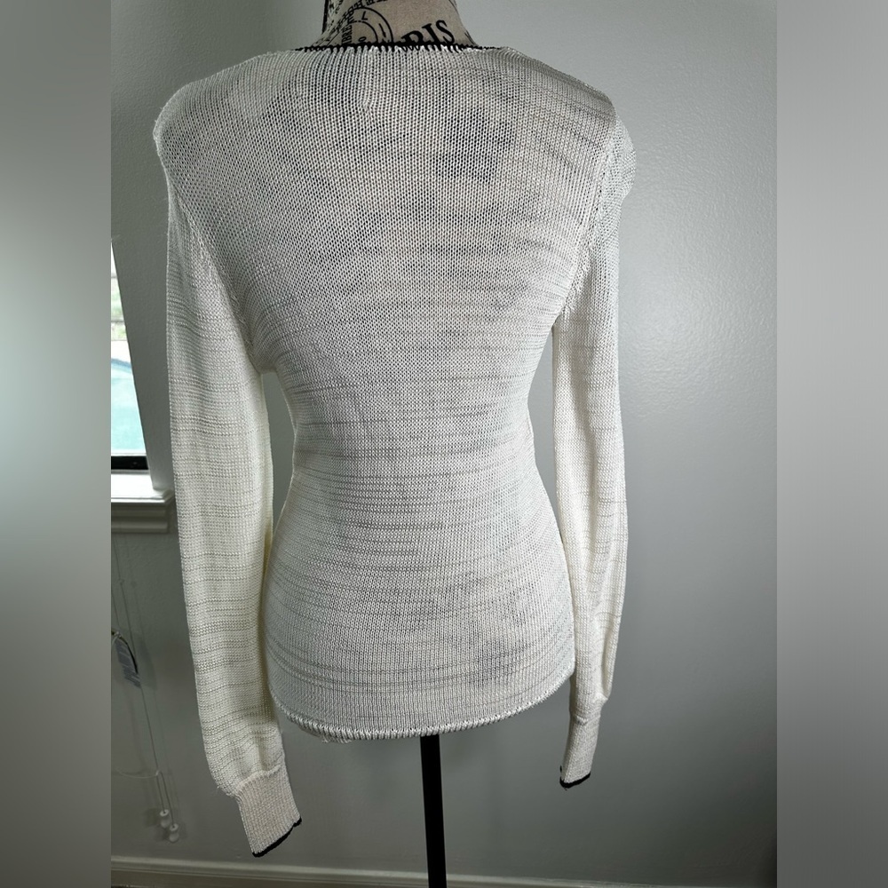 Elie Tahari Sweater White V Neck Black Trim Size Small Beige - Picture 4 of 8